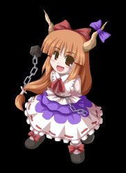 Rule 34 | 1girl, :d, black background, blouse, blue skirt, blunt bangs, bow, bowtie, brown eyes, chain, cuffs, female focus, footwear bow, fukaiton, hair bow, horns, ibuki suika, layered skirt, long hair, looking at viewer, oni, open mouth, orange hair, red bow, red bowtie, ribbon-trimmed skirt, ribbon trim, shackles, shirt, simple background, skirt, sleeveless, sleeveless shirt, smile, solo, standing, touhou, very long hair, white shirt