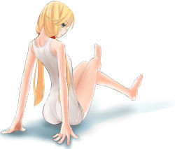 Rule 34 | 1girl, arm support, ass, back, barefoot, blonde hair, blue eyes, crossed legs, feet, female focus, full body, gamma ray burst, gradient background, long hair, looking back, one-piece swimsuit, psyren, sitting, solo, swimsuit, tenjuin frederica, twintails, white background