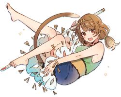 Rule 34 | 1girl, barefoot, blue dress, blush, breasts, brown eyes, brown hair, circlet, detached sleeves, dress, feet, full body, green dress, highres, knees together feet apart, legs, long hair, looking at viewer, medium breasts, monkey tail, mozukuzu (manukedori), multicolored clothes, multicolored dress, open mouth, short twintails, sideboob, simple background, single detached sleeve, smile, solo, son biten, tail, test tube, toenails, toes, touhou, twintails, white background, white sleeves, yellow dress