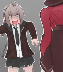 Rule 34 | 2girls, beret, black necktie, black skirt, brown hat, brown jacket, character request, check character, collared shirt, commentary, dress shirt, english commentary, girls&#039; frontline, grey background, grey hair, hat, highres, jacket, korean commentary, long hair, long sleeves, m200 (girls&#039; frontline), multiple girls, necktie, open clothes, open jacket, open mouth, outline, pleated skirt, purple eyes, red hair, saiga-12 (girls&#039; frontline), shirt, side ponytail, simple background, skirt, twitter username, white outline, white shirt, wide-eyed, yuga pratama