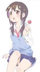 Rule 34 | 1girl, bare legs, black hair, blue nails, blue skirt, blue vest, blush, brown eyes, candy, commentary request, food, gyaru, hair ornament, hair over shoulder, hairclip, highres, holding, holding candy, holding food, holding lollipop, jewelry, lollipop, long hair, long sleeves, looking at viewer, low twintails, miniskirt, multicolored hair, nail polish, necklace, necktie, official alternate costume, onii-chan wa oshimai!, open mouth, oyama mihari, partial commentary, purple hair, ranirani (syohousen8), red necktie, shirt, simple background, sitting, skirt, solo, twintails, two-tone hair, vest, white background, white shirt