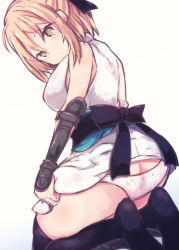 Rule 34 | 1girl, arm guards, ass, back bow, bare shoulders, beni shake, black bow, black thighhighs, blonde hair, bow, commentary request, fate/grand order, fate (series), gradient background, green eyes, grey background, hair bow, head tilt, japanese clothes, kimono, koha-ace, looking at viewer, looking back, okita souji (fate), okita souji (koha-ace), panties, short kimono, sidelocks, sleeveless, sleeveless kimono, solo, thighhighs, underwear, white background, white kimono, white panties