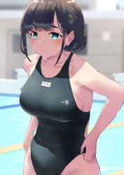 Rule 34 | 1girl, adjusting clothes, adjusting swimsuit, artist name, blunt bangs, blush, breasts, brown hair, collarbone, commentary request, competition swimsuit, green eyes, hair bun, jonsun, large breasts, mole, mole under eye, one-piece swimsuit, original, pool, sidelocks, single hair bun, solo, swimsuit, wet