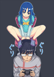 Rule 34 | 10s, 1boy, 1girl, black hair, blue eyes, blue hair, brooch, chair, character request, child, controller, coupe50, feet, foot on head, frills, game controller, glasses, heart, heart brooch, heartcatch precure!, jewelry, kurumi erika, long hair, no shoes, precure, short hair, simple background, sitting, skirt, socks, striped legwear, toes, upskirt