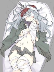 Rule 34 | 1girl, bad id, bad pixiv id, bandaged arm, bandaged hand, bandaged head, bandaged leg, bandages, blindfold, blush, bound, bound wrists, covered eyes, cowboy shot, g11 (girls&#039; frontline), girls&#039; frontline, green jacket, grey hair, hair between eyes, jacket, knife, knife in head, long hair, lying, messy hair, midriff, mobu, navel, object through head, on back, open clothes, open jacket, open mouth, personification, scarf on head, shorts, sketch, solo, stomach, torn clothes, torn shorts