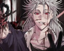 Rule 34 | 1girl, bad id, bad twitter id, blood, blush, dorohedoro, earrings, formal, gloves, highres, jewelry, long hair, looking at viewer, muscular, muscular female, noi (dorohedoro), park ongjol, red eyes, simple background, smile, solo, white hair