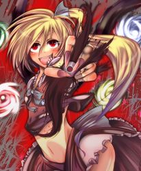 Rule 34 | 1girl, alternate wings, bad id, bad pixiv id, blonde hair, eyeball, female focus, flandre scarlet, hair ribbon, mito (calcomer), red eyes, ribbon, side ponytail, slit pupils, solo, thighs, touhou, wings