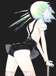 Rule 34 | androgynous, arched back, ass, black background, black shorts, closed mouth, cowboy shot, diamond (houseki no kuni), elbow gloves, from behind, from side, gender request, gloves, green hair, highres, houseki no kuni, kei (soundcross), looking at viewer, looking back, multicolored hair, shirt, short hair, short sleeves, shorts, silver hair, simple background, smile, solo, suspender shorts, suspenders, thighhighs, thighs, white gloves, white shirt