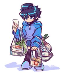 Rule 34 | 1boy, bag, black hair, black thighhighs, blue eyes, blue hoodie, blue shorts, closed mouth, expressionless, full body, highres, holding, holding paper, hood, hoodie, humanoid robot, laser-lance, long sleeves, mega man (character), mega man (classic), mega man (series), paper, robot, shopping bag, short hair, shorts, simple background, solo, thighhighs, white background