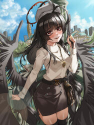 Rule 34 | 1girl, absurdres, alternate costume, bags under eyes, beret, black hair, black skirt, black thighhighs, black wings, blood, blood halo, blue archive, breasts, cityscape, commentary request, feathered wings, hair ribbon, halo, hat, highres, jewelry, large breasts, liquid halo, long hair, looking at viewer, low twintails, necklace, outdoors, playing with own hair, red eyes, ribbon, side slit, skirt, solo, td (tandeom97), thighhighs, tsurugi (blue archive), twintails, very long hair, water, white hat, white ribbon, wings, zettai ryouiki