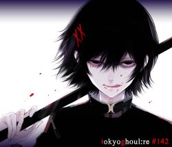 Rule 34 | 10s, 1boy, alternate hair ornament, androgynous, awara kayu, black hair, black jacket, blood, blood on face, evil smile, hair between eyes, hair ornament, hairclip, half-closed eyes, holding, holding weapon, jacket, licking blood, looking at viewer, male focus, red eyes, roman numeral, short hair, simple background, smile, solo, stitched face, stitches, suzuya juuzou, tokyo ghoul, tokyo ghoul:re, tongue, tongue out, weapon, white background, x hair ornament