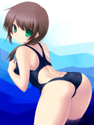 Rule 34 | 1girl, ass, bad id, bad pixiv id, bent over, brown hair, competition swimsuit, female focus, from behind, gradient background, green eyes, leaning forward, long hair, looking back, one-piece swimsuit, original, ponytail, solo, swimsuit, tsukumiya amane, water, wet