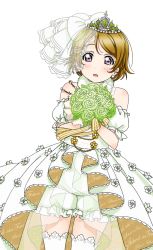 Rule 34 | 1girl, :o, artist request, bare shoulders, blush, bouquet, bridal veil, bride, brown hair, dress, earrings, flower, frills, green flower, green rose, holding, jewelry, koizumi hanayo, love live!, love live! school idol festival, love live! school idol festival after school activity, love live! school idol project, official art, open mouth, puffy pants, purple eyes, rose, short hair, solo, thighhighs, tiara, transparent background, veil, wedding dress, white dress, white thighhighs