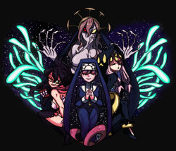 Rule 34 | 2018, 3girls, aeon (skullgirls), anklet, black background, cross, cross necklace, crown, double (skullgirls), dual persona, extra mouth, folded ponytail, garter straps, glasses, gloves, glowing, glowing eyes, hood, jewelry, kyouhei hei, long hair, looking back, monster girl, multiple girls, necklace, nun, one eye closed, own hands together, parted lips, pasties, pink hair, praying, red eyes, scarf, siblings, sisters, sitting, skullgirls, smile, star (symbol), starry background, thighhighs, tiara, twintails, veins, venus (skullgirls), yellow eyes