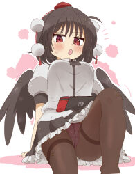 Rule 34 | 1girl, absurdres, arm support, black hair, black skirt, black wings, blush, bow, bow panties, breasts, brown pantyhose, collared shirt, colored shadow, commentary request, dress shirt, feathered wings, feet out of frame, frilled skirt, frills, hat, highres, knee up, looking at viewer, low wings, medium breasts, mini hat, nintendo switch, open mouth, outline, panties, pantyhose, pink background, pink panties, pleated skirt, polka dot, polka dot panties, puffy short sleeves, puffy sleeves, red eyes, red hat, shadow, shameimaru aya, shirt, short sleeves, sitting, skirt, solo, sweat, thighband pantyhose, tokin hat, totoharu (kujirai minato), touhou, two-tone background, underwear, white background, white outline, white shirt, wings