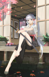 Rule 34 | 1girl, architecture, ayaka (genshin impact), barefoot, black skirt, da (datako), east asian architecture, genshin impact, grey eyes, grey hair, hair ornament, hand up, highres, holding, holding sword, holding weapon, house, looking at viewer, open door, red ribbon, ribbon, sandals, unworn sandals, scabbard, sheath, sheathed, shirt, short hair, short sleeves, shouji, skirt, sliding doors, smile, solo, sword, thighs, toes, weapon, white shirt, wide sleeves