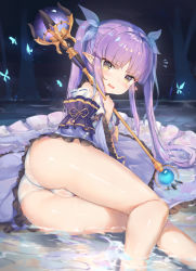 Rule 34 | 1girl, absurdres, arm support, ass, bare legs, blue ribbon, blunt bangs, blush, breasts, brown eyes, cameltoe, cleft of venus, commentary request, detached sleeves, frilled sleeves, frills, from behind, hair ribbon, hand up, highres, holding, holding staff, japanese clothes, kimono, kyoka (princess connect!), lanyingchengzhi, long hair, long sleeves, looking at viewer, looking back, lying, on side, open mouth, orb, outdoors, panties, pantyshot, partially submerged, pointy ears, princess connect!, purple hair, purple kimono, ribbon, see-through, shiny skin, sidelocks, solo, staff, thighs, twintails, underwear, very long hair, water, wet, wet clothes, wet panties, white panties, wide sleeves