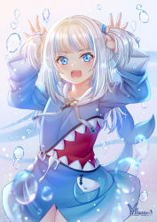 Rule 34 | 1girl, :d, artist name, blue eyes, blue hair, blue hoodie, blue nails, blush, bunching hair, commentary request, drawstring, fins, fish tail, gawr gura, gawr gura (1st costume), hair ornament, highres, hololive, hololive english, hood, hood down, hoodie, long hair, long sleeves, looking at viewer, multicolored hair, nail polish, open mouth, shark tail, sharp teeth, signature, silver hair, smile, solo, streaked hair, tail, teeth, two side up, villyane, virtual youtuber, water drop, wide sleeves