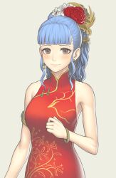 Rule 34 | 1girl, absurdres, alternate costume, alternate hairstyle, blue hair, breasts, brown eyes, china dress, chinese clothes, dress, fire emblem, fire emblem: three houses, gofelem, highres, looking at viewer, marianne von edmund, nintendo, simple background