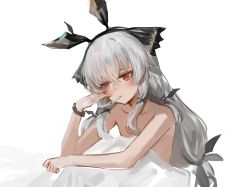 Rule 34 | 1girl, animal ears, arknights, blanket, blush, cigarette, collarbone, dokomon, highres, long hair, looking away, looking down, low-tied long hair, low ponytail, mouth hold, nude, red eyes, silver hair, simple background, sitting, smoke, smoking, solo, under covers, very long hair, weedy (arknights), white background, wristband