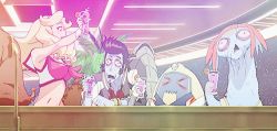 Rule 34 | 10s, 1girl, 2boys, animated, animated gif, blue skin, colored skin, dandy (space dandy), drink, drinking, honey (space dandy), lowres, meow (space dandy), multiple boys, qt (space dandy), space dandy, zombie
