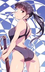 Rule 34 | 1girl, animal ears, ass, back, back cutout, black hair, black one-piece swimsuit, blue background, blunt bangs, brown eyes, closed mouth, clothing cutout, commentary, competition swimsuit, cowboy shot, em (totsuzen no hakike), eyepatch, from behind, frown, holding, holding sword, holding weapon, katana, light blush, long hair, looking at viewer, looking back, one-piece swimsuit, ponytail, sakamoto mio, sheath, sheathed, solo, standing, strike witches, swimsuit, sword, tassel, weapon, world witches series