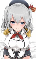 Rule 34 | 10s, 1girl, bad id, bad twitter id, blue eyes, breasts, cole (coleltu), epaulettes, female focus, hat, kantai collection, kashima (kancolle), large breasts, looking at viewer, military, military uniform, miniskirt, silver hair, skirt, smile, solo, twintails, uniform