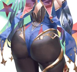 1girl ass ass_focus black_hair black_pantyhose blue_leotard commentary_request from_behind genshin_impact hani_haya highres huge_ass jewelry leotard long_hair mona_(genshin_impact) pantyhose solo thighlet thighs twintails very_long_hair