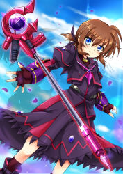 Rule 34 | 1girl, artist name, black dress, blue eyes, blush, brown gloves, brown hair, closed mouth, dated, dress, fingerless gloves, gloves, hair ribbon, highres, looking at viewer, luciferion, lyrical nanoha, magical girl, mahou shoujo lyrical nanoha innocent, ribbon, san-pon, shiny skin, short hair, sky, smile, solo, staff, stern the destructor