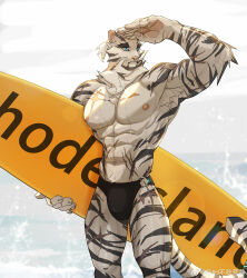 Rule 34 | 1boy, abs, absurdres, animal ears, arknights, bara, beach, bild (billd14075680), black male swimwear, bulge, facial hair, feet out of frame, furry, furry male, goatee, highres, holding, holding surfboard, huge eyebrows, large hands, large pectorals, looking to the side, male focus, male swimwear, mountain (arknights), muscular, muscular male, navel, nipples, pectorals, scar, scar across eye, scar on arm, scar on chest, short hair, solo, standing, stomach, surfboard, swim briefs, tiger boy, tiger ears, topless male, v-taper, white hair
