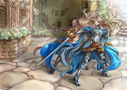 Rule 34 | 10s, 2girls, armor, back-to-back, black bow, black legwear, blonde hair, bow, brown eyes, brown hair, building, butt crack, cape, earrings, floating hair, flower, gauntlets, granblue fantasy, hair bow, high heels, holding, holding sword, holding weapon, impossible armor, impossible clothes, jewelry, katalina (granblue fantasy), long hair, multiple girls, open mouth, plant, ponytail, red eyes, shouma (bravespiritya), siblings, sisters, sword, vira (granblue fantasy), weapon, window