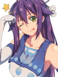 Rule 34 | 1girl, asymmetrical bangs, bare shoulders, blue shirt, chiharu (9654784), closed mouth, collarbone, commentary request, elbow gloves, gloves, green eyes, hair between eyes, hair ornament, highres, long hair, original, purple hair, shirt, sleeveless, sleeveless shirt, smile, solo, star (symbol), tongue, tongue out, two-tone shirt, upper body, very long hair, white background, white gloves