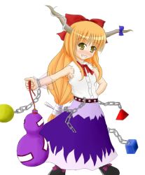 Rule 34 | 1girl, :d, ball, belt, blonde hair, bottle, bow, bowtie, buckle, buttons, chain, cube, female focus, full body, gourd, green eyes, grin, hair bow, hand on own hip, horns, ibuki suika, long hair, looking at viewer, open mouth, orange hair, outstretched arm, red bow, red bowtie, see-through, shoes, sidelocks, smile, solo, teeth, touhou, triangle, very long hair, wrist cuffs