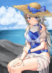 Rule 34 | 1girl, blue one-piece swimsuit, blush, closed mouth, cloud, cloudy sky, day, feet out of frame, grey eyes, grey hair, hat, kantai collection, long hair, mayura (lucadia), ocean, one-piece swimsuit, rock, sarong, sitting, sky, smile, solo, sun hat, swimsuit, washington (kancolle), white sarong