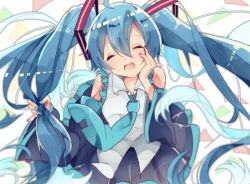 Rule 34 | 1girl, aqua hair, detached sleeves, closed eyes, hand on own face, harusame (moyuna412), hatsune miku, long hair, nail polish, necktie, open mouth, skirt, solo, twintails, very long hair, vocaloid