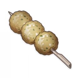 Rule 34 | artist request, commentary, croquette, english commentary, food, food focus, fried radish balls (genshin impact), game cg, genshin impact, lowres, muted color, no humans, official art, simple background, skewer, still life, third-party source, transparent background