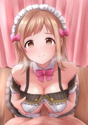 Rule 34 | 1boy, 1girl, bare shoulders, blush, bow, breasts, breasts squeezed together, brown eyes, censored, cleavage, closed mouth, collarbone, curtains, detached collar, frills, hair bow, hetero, highres, idolmaster, idolmaster shiny colors, large breasts, long hair, looking at viewer, maid, maid headdress, mosaic censoring, paizuri, paizuri under clothes, penis, pink bow, pink neckwear, pink ribbon, ribbon, sakuragi mano, smile, solo focus, tagme, warubo