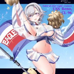 Rule 34 | &gt; &lt;, 1girl, :d, absurdres, anchor, arm strap, arm up, armpits, azur lane, bare legs, bare shoulders, bikini, bikini top only, bird, black bikini, black hairband, blue sky, breasts, character name, cheerleader, chick, cloud, commentary request, cowboy shot, crop top, dated, eagle union (emblem) (azur lane), flag, grey hair, groin, hair between eyes, hairband, hands up, hebitsukai-san, highres, holding, holding pom poms, large breasts, lens flare, letterboxed, looking at viewer, manjuu (azur lane), midriff, miniskirt, navel, open mouth, pom pom (cheerleading), pom poms, purple eyes, purple sash, reno (azur lane), reno (biggest little cheerleader) (azur lane), sash, see-through, see-through sleeves, shirt, short hair, sidelocks, simple background, skirt, sky, sleeveless, smile, solo, standing, standing on one leg, star (symbol), swimsuit, twitter username, underboob, waving flag