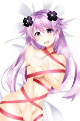 Rule 34 | 1girl, adult neptune, bare shoulders, blush, breasts, cleavage, collarbone, covering privates, covering breasts, covering crotch, cowboy shot, d-pad, d-pad hair ornament, embarrassed, hair between eyes, hair ornament, hand on own chest, highres, leekoe2525, long hair, looking at viewer, lying, medium breasts, naked ribbon, navel, neptune (series), on back, open mouth, purple eyes, ribbon, shin jigen game neptune vii, solo, teeth, upper teeth only, very long hair