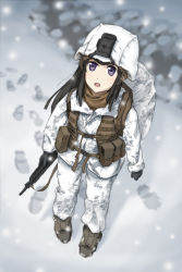 Rule 34 | 1girl, absurdres, assault rifle, backpack, bag, black hair, blunt bangs, boots, buckle, camouflage, footprints, gloves, gun, gun sling, helmet, highres, holding, holding gun, holding weapon, jacket, load bearing vest, long hair, looking at viewer, m16, m16a4, magazine (weapon), military, military jacket, military uniform, open mouth, original, pants, pouch, purple eyes, rifle, snap-fit buckle, snow, snowing, standing, straight hair, tanto (tc1995), uniform, united states marine corps, vest, weapon