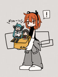 Rule 34 | !, 3girls, a.i. voice, adachi rei, ahoge, alternate costume, arms up, black hair, black hairband, black shirt, black skirt, black thighhighs, blue hair, blue necktie, blush, box, cardboard box, carrying, chibi, closed eyes, closed mouth, dapple (vocaloid), detached sleeves, elbow gloves, expressionless, full body, gloves, grey background, grey jumpsuit, hair bobbles, hair ornament, hairband, hatsune miku, headlamp, holding, holding box, in box, in container, jumpsuit, jumpsuit around waist, kaai yuki, long hair, looking at viewer, low twintails, lyrics, medium hair, mini person, minigirl, multiple girls, necktie, no sclera, open mouth, orange eyes, orange hair, radio antenna, shirt, shoes, short twintails, skirt, sleeveless, sleeveless shirt, smile, song name, spoken exclamation mark, standing, thighhighs, toai, turtleneck shirt, twintails, utau, v-shaped eyebrows, vocaloid, white footwear, white gloves, white shirt
