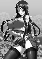 Rule 34 | 1girl, 2q, 2q (1016-29), angry, bad id, bad pixiv id, black thighhighs, blush, breast hold, breasts squeezed together, breasts, cameltoe, clothes lift, crossed arms, durarara!!, greyscale, highres, huge breasts, lace, lace-trimmed panties, lace trim, large breasts, legs, long hair, looking at viewer, miniskirt, monochrome, panties, skirt, skirt lift, solo, thighhighs, thighs, turtleneck, underwear, upskirt, yagiri namie