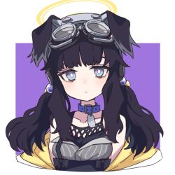 Rule 34 | 1girl, aki inu, animal ears, bags under eyes, black camisole, black hair, blue archive, blue eyes, border, bright pupils, camisole, closed mouth, collar, dog ears, dog tags, goggles, goggles on head, hair bobbles, hair ornament, halo, hibiki (blue archive), highres, jacket, jacket partially removed, long hair, looking at viewer, low twintails, purple background, purple collar, simple background, smile, solo, twintails, white border