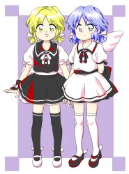 Rule 34 | 2girls, :d, back bow, black bow, black dress, black footwear, black sash, black thighhighs, blonde hair, blue eyes, blue hair, bow, dress, full body, hair ribbon, highres, light blue hair, looking at viewer, mai (touhou), mary janes, mini wings, multiple girls, neck ribbon, nonamejd, official style, open mouth, over-kneehighs, puffy short sleeves, puffy sleeves, ribbon, sash, shoes, short hair, short sleeves, short twintails, single horizontal stripe, smile, standing, thighhighs, touhou, touhou (pc-98), twintails, white bow, white dress, white footwear, white ribbon, white sash, white thighhighs, winged footwear, wings, yellow eyes, yuki (touhou), zettai ryouiki, zun (style)