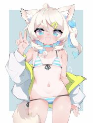 Rule 34 | 1girl, :d, animal ears, bikini, bikini under clothes, blonde hair, blue hair, fang, flat chest, jacket, long sleeves, looking at viewer, multicolored hair, navel, off shoulder, one side up, open mouth, original, short hair, smile, stomach, striped bikini, striped clothes, swimsuit, tail, tan, tanline, tomcat (moconeko), two-tone hair, v, white hair, white jacket, wolf ears, wolf girl, wolf tail