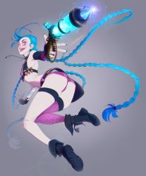 Rule 34 | bikini, bikini top only, blue hair, braid, breasts, bullet, fingerless gloves, flat chest, gloves, highres, jinx (league of legends), league of legends, long hair, makeup, obj shep, pink eyes, short shorts, shorts, single thighhigh, small breasts, solo, swimsuit, tattoo, thighhighs, twin braids, very long hair