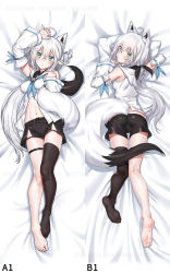 Rule 34 | 1girl, animal ears, asymmetrical legwear, barefoot, bed sheet, black shorts, black thighhighs, blush, dakimakura (medium), detached sleeves, fox ears, fox tail, from above, full body, green eyes, hair between eyes, highres, hololive, hololive gamers, long hair, long sleeves, looking at viewer, looking back, lying, midriff, navel, on back, on stomach, ribbon-trimmed sleeves, ribbon trim, salyut, shirakami fubuki, shirakami fubuki (1st costume), short shorts, shorts, silver hair, single thighhigh, soles, stomach, tail, thighhighs, very long hair, virtual youtuber, white sleeves