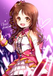 Rule 34 | 1girl, breasts, brown eyes, brown hair, commentary request, dated, dress, drill hair, elbow gloves, frilled dress, frills, gloves, heart, holding, holding microphone, idolmaster, idolmaster cinderella girls, korean commentary, long hair, microphone, one side up, open mouth, shimamura uzuki, small breasts, smile, solo, sparkle, tianel ent, twitter username, white gloves, wrist cuffs