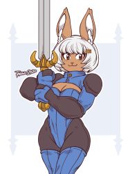 Rule 34 | 1girl, 2020, :3, animal ears, artist name, bob cut, breasts, cleavage, closed mouth, final fantasy, final fantasy tactics, furry, furry female, hair ornament, hairclip, highres, holding, holding sword, holding weapon, large breasts, looking at viewer, original, rabbit ears, rabbit girl, short hair, solo, sword, taggo, weapon, white hair