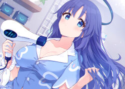 Rule 34 | 1girl, blue archive, blue eyes, blush, breasts, casual, cleavage, closed mouth, dutch angle, expressionless, hair down, hair dryer, halo, hands up, highres, holding, ima (lm ew), long hair, looking at viewer, medium breasts, purple hair, solo, upper body, yuuka (blue archive)
